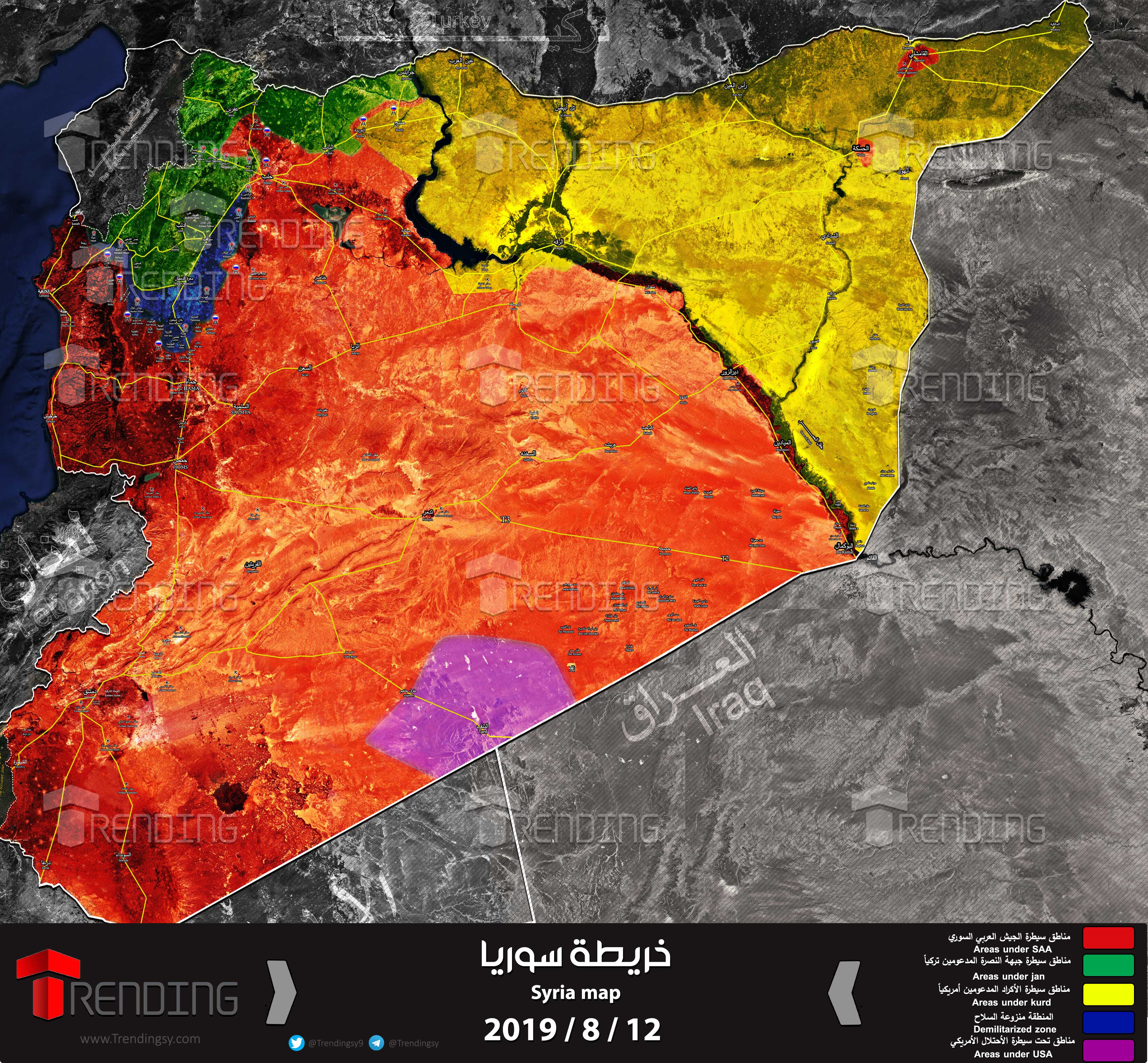 خريطة سوريا خريطة توزع السيطرة والقوة في سورية بتاريخ اليوم